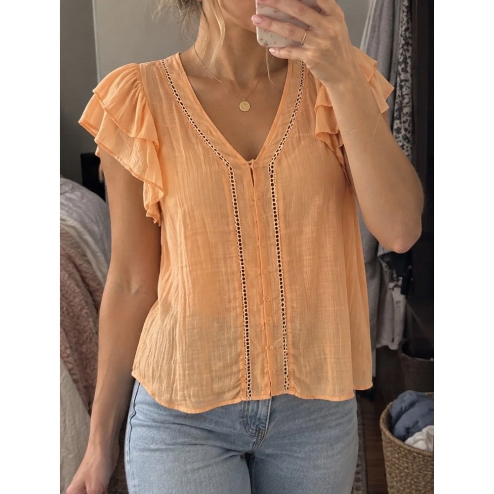 Joie Blouse Size S Peach Flutter Sleeve Button Front Lace Trim Boho Top NWT